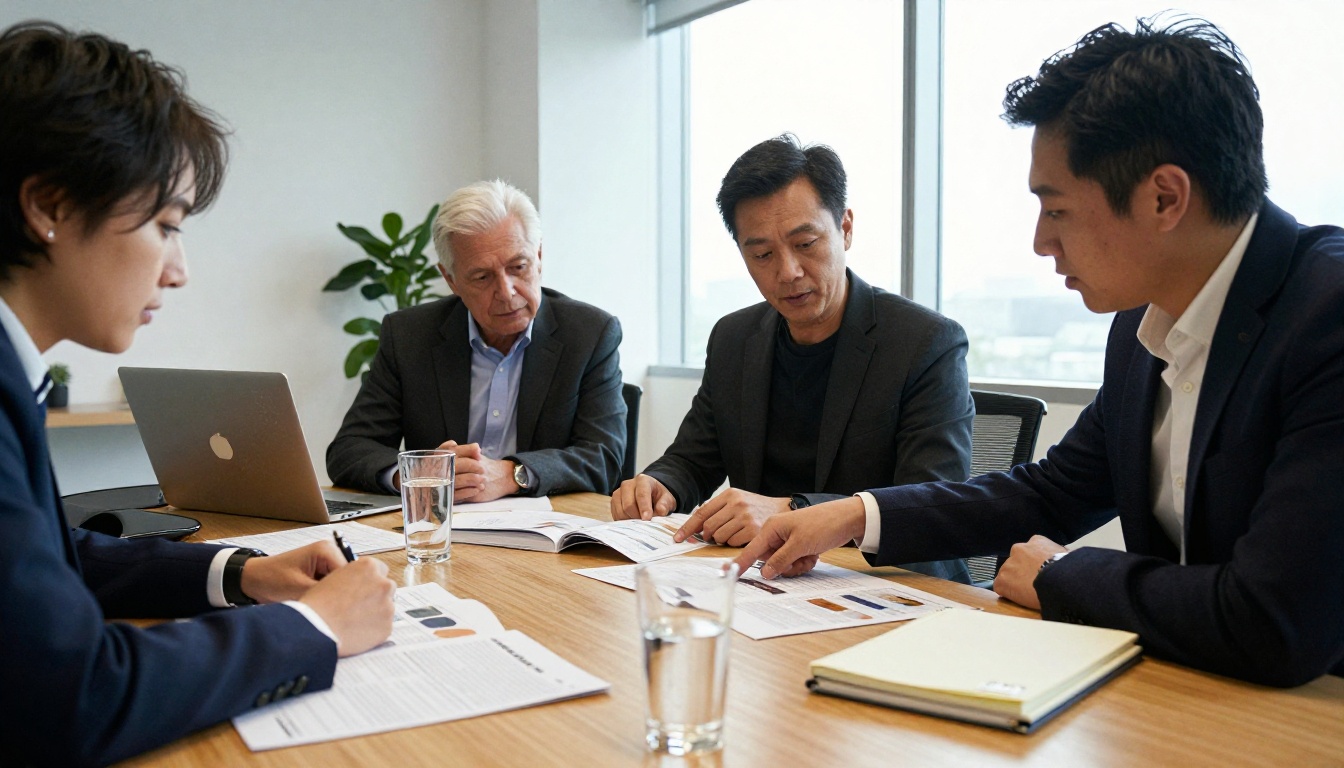 A small team reviewing a brochure proof around a meeting table