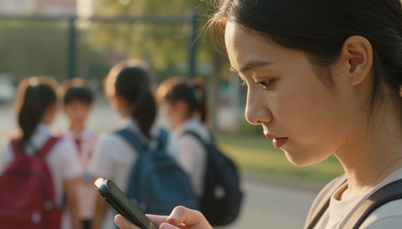 Close-up of a mother reading her phone at the school gate