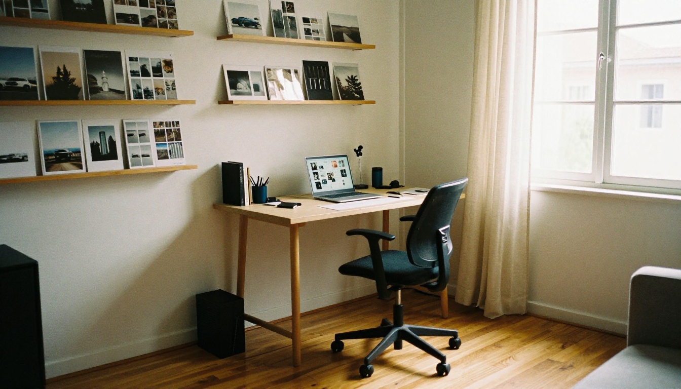 Freelance home office with a catalog layout open on a laptop Freelance home office with a catalog layout open on a laptop