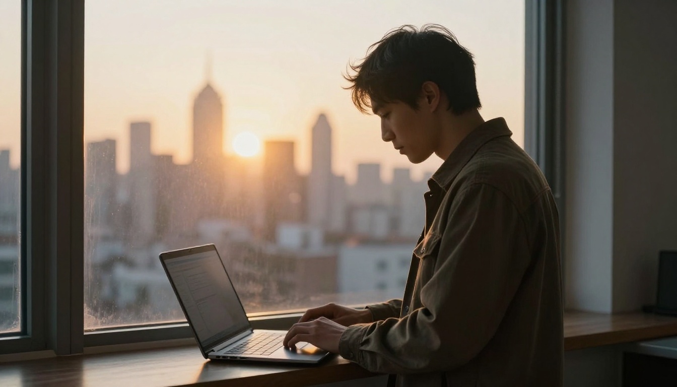 Freelance writer at a window with a laptop at sunrise Freelance writer at a window with a laptop at sunrise