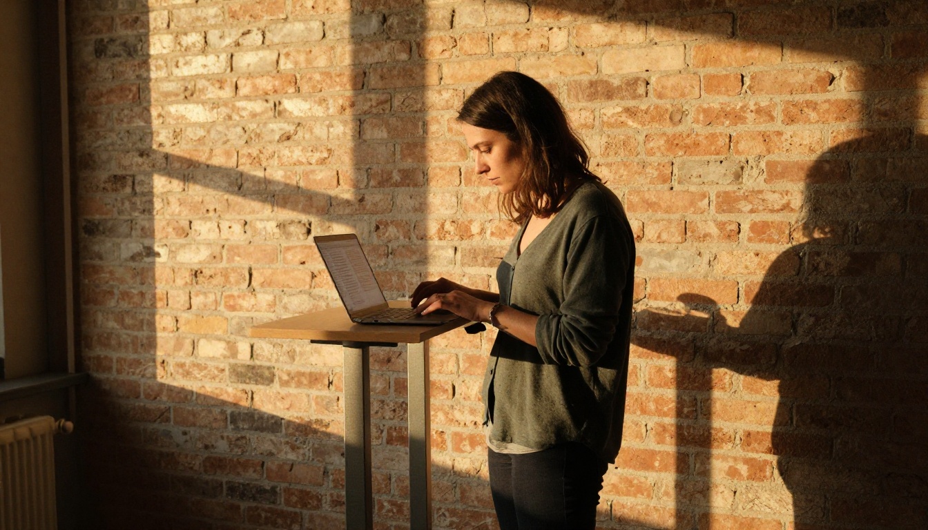 A freelance writer editing copy at a standing desk A freelance writer editing copy at a standing desk