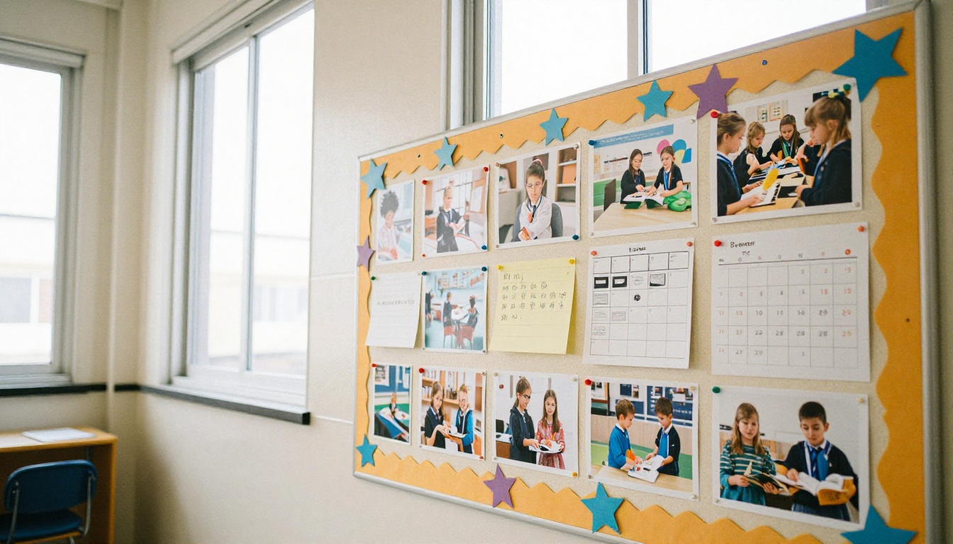 Close-up of a bulletin board with student projects