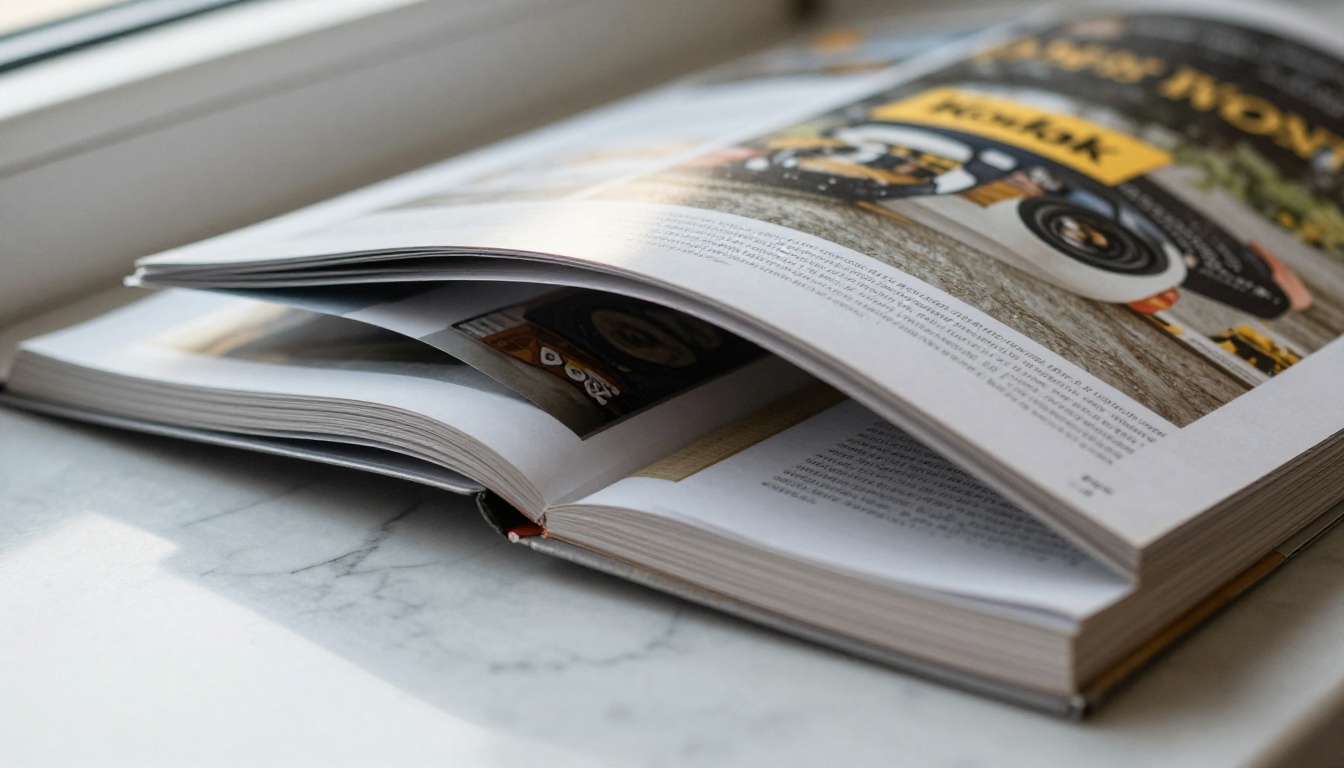 A printed magazine beside a tablet on a marble counter A printed magazine beside a tablet on a marble counter