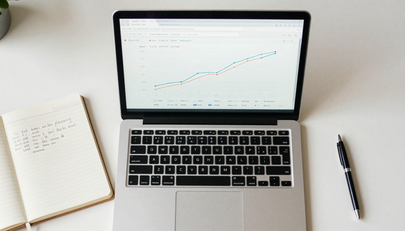 Laptop showing an analytics dashboard beside handwritten notes