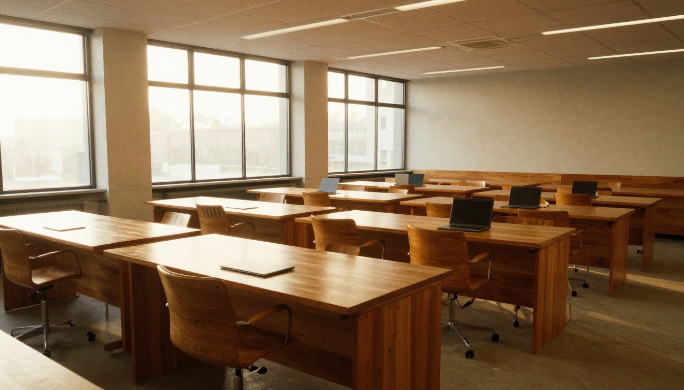 An empty bright coworking space at sunrise An empty bright coworking space at sunrise