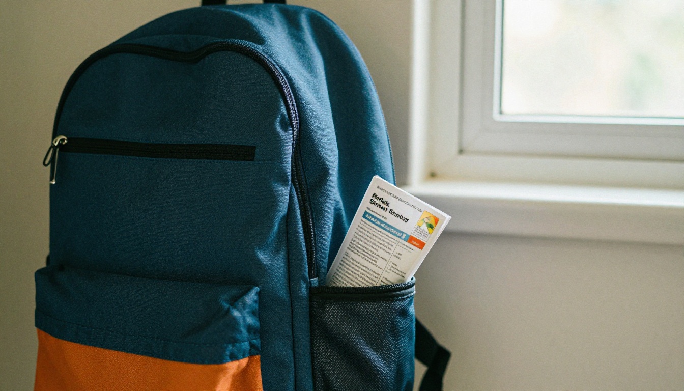 Child backpack with a folded newsletter in the pocket