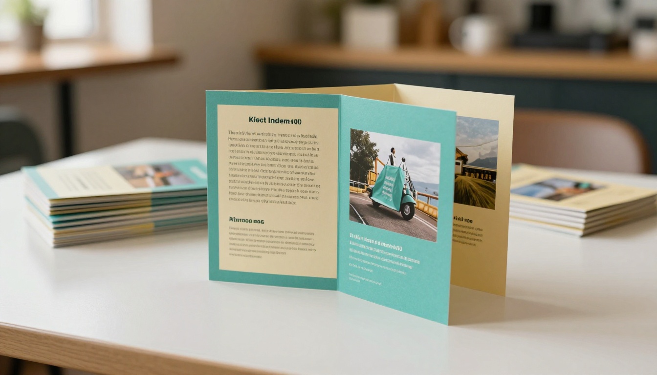 A trifold brochure standing like a tent on a white table with a stack of copies behind it A trifold brochure standing like a tent on a white table with a stack of copies behind it