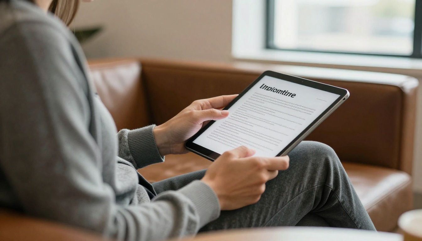 New hire reading an employee handbook on a tablet New hire reading an employee handbook on a tablet