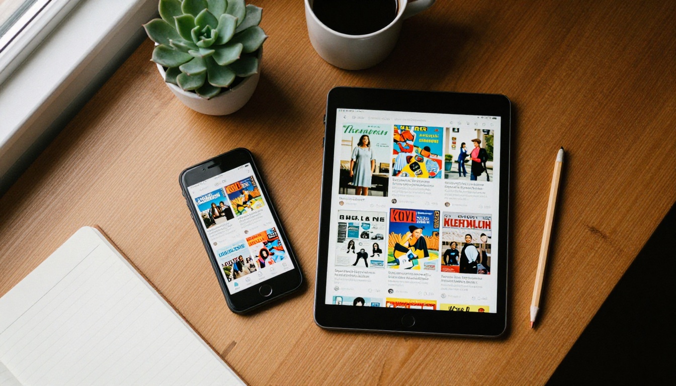 Overhead view of a phone and tablet showing magazine layouts on a wooden desk Overhead view of a phone and tablet showing magazine layouts on a wooden desk