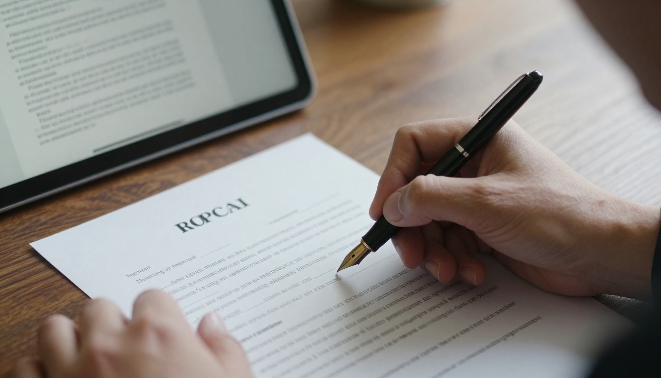 A freelancer signing a printed proposal with a fountain pen