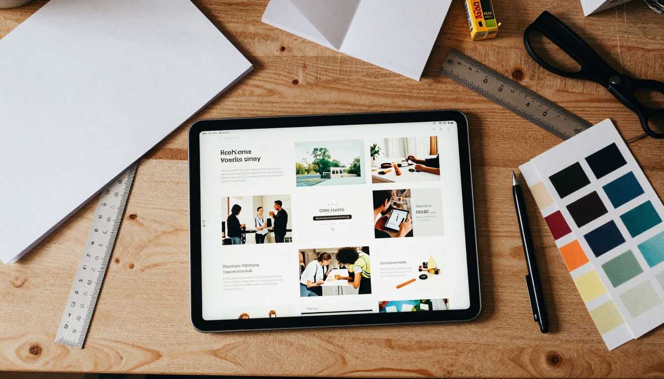 Overhead view of an iPad showing a brochure template gallery on a creative desk Overhead view of an iPad showing a brochure template gallery on a creative desk