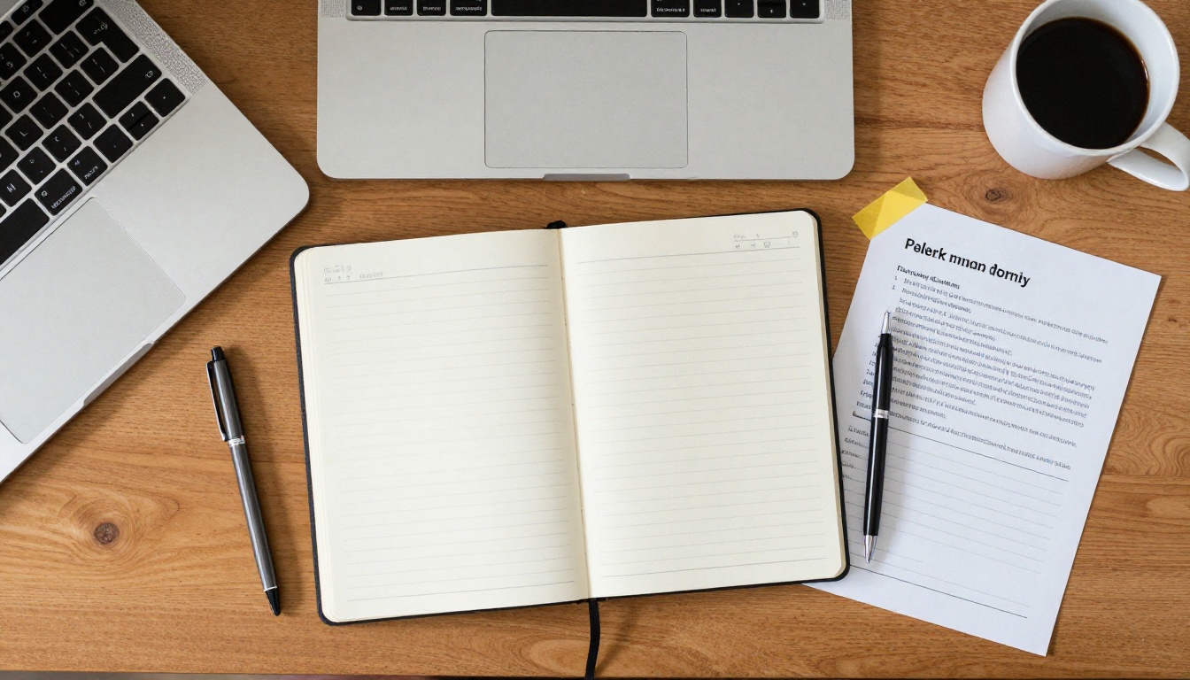 Desk with a laptop, notebook and printed policy pages Desk with a laptop, notebook and printed policy pages
