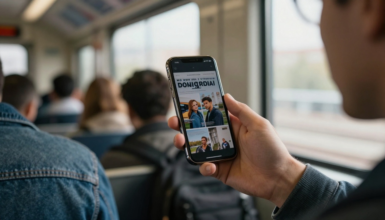 Commuter holding a smartphone displaying a digital magazine cover on a city train Commuter holding a smartphone displaying a digital magazine cover on a city train