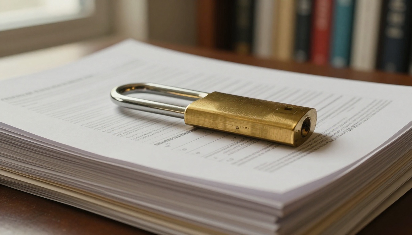 A brass padlock resting on printed corporate reports