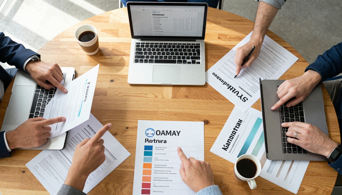 Aerial view of a meeting table covered in pricing tables and swatches