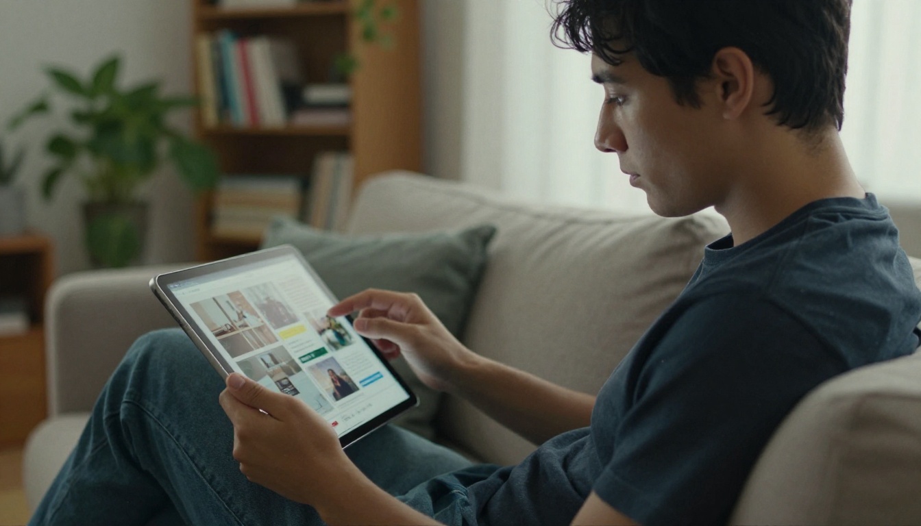 A designer on a sofa editing a brochure photo layout on an iPad A designer on a sofa editing a brochure photo layout on an iPad