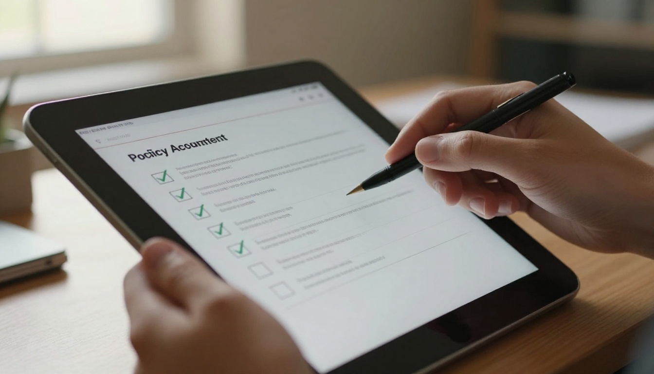Hands holding a tablet showing a policy acknowledgment checklist Hands holding a tablet showing a policy acknowledgment checklist