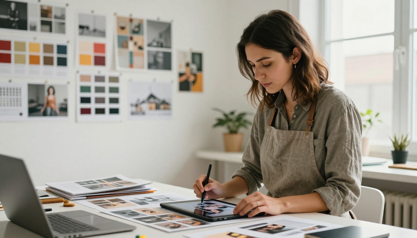 Graphic designer arranging a magazine layout on a tablet with a stylus in a bright studio Graphic designer arranging a magazine layout on a tablet with a stylus in a bright studio