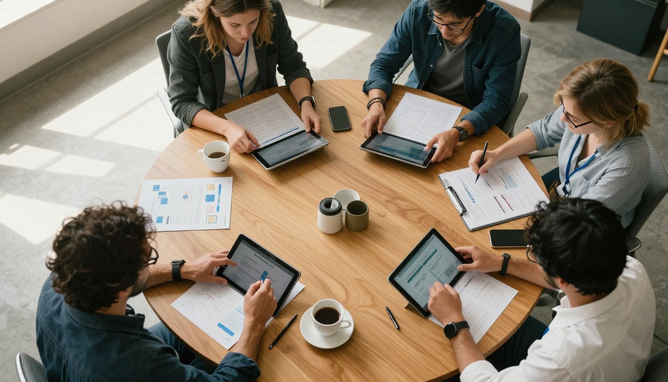 A team reviewing private documents around a conference table