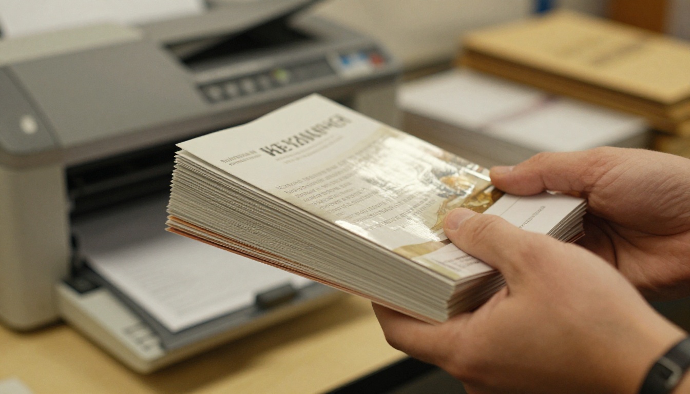 A man holding a stack of freshly printed brochures in a print shop