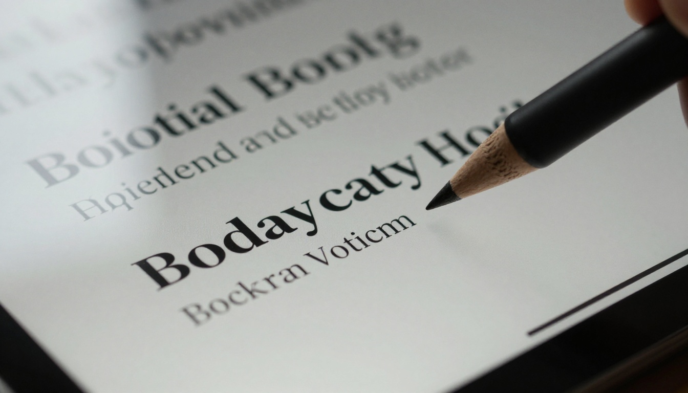 Close-up of an iPad screen showing font samples for a brochure headline Close-up of an iPad screen showing font samples for a brochure headline