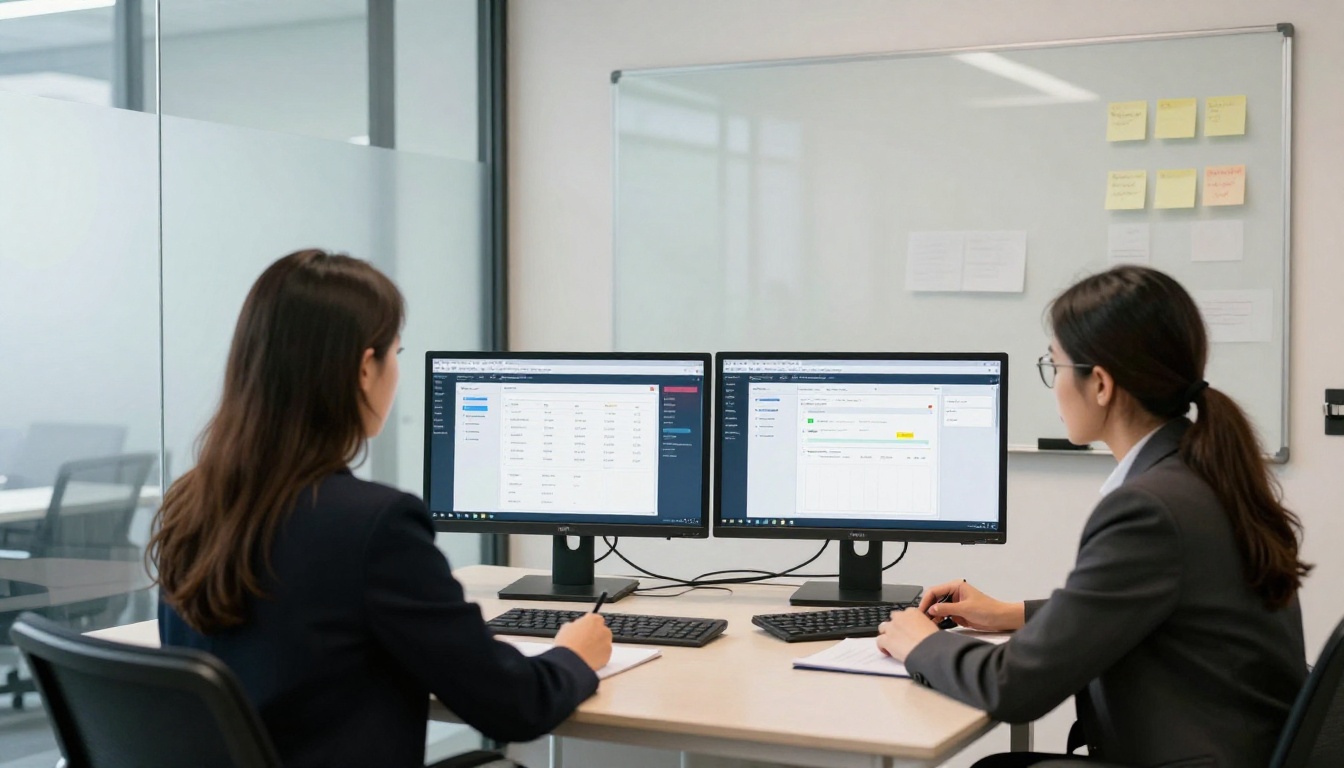 Small business owner and HR manager comparing two dashboards Small business owner and HR manager comparing two dashboards