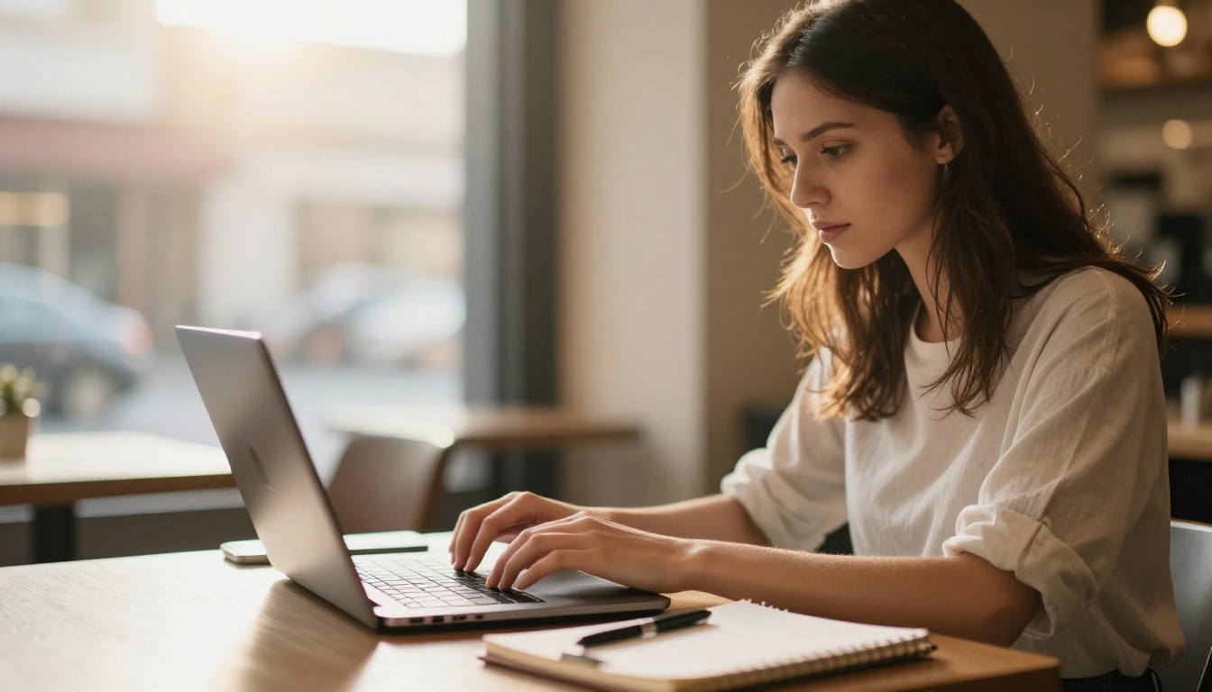 A freelance designer working on a laptop in a sunlit cafe