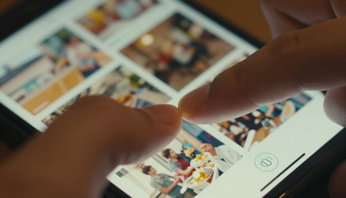 Close-up of a thumb swiping across a phone screen showing a magazine template Close-up of a thumb swiping across a phone screen showing a magazine template