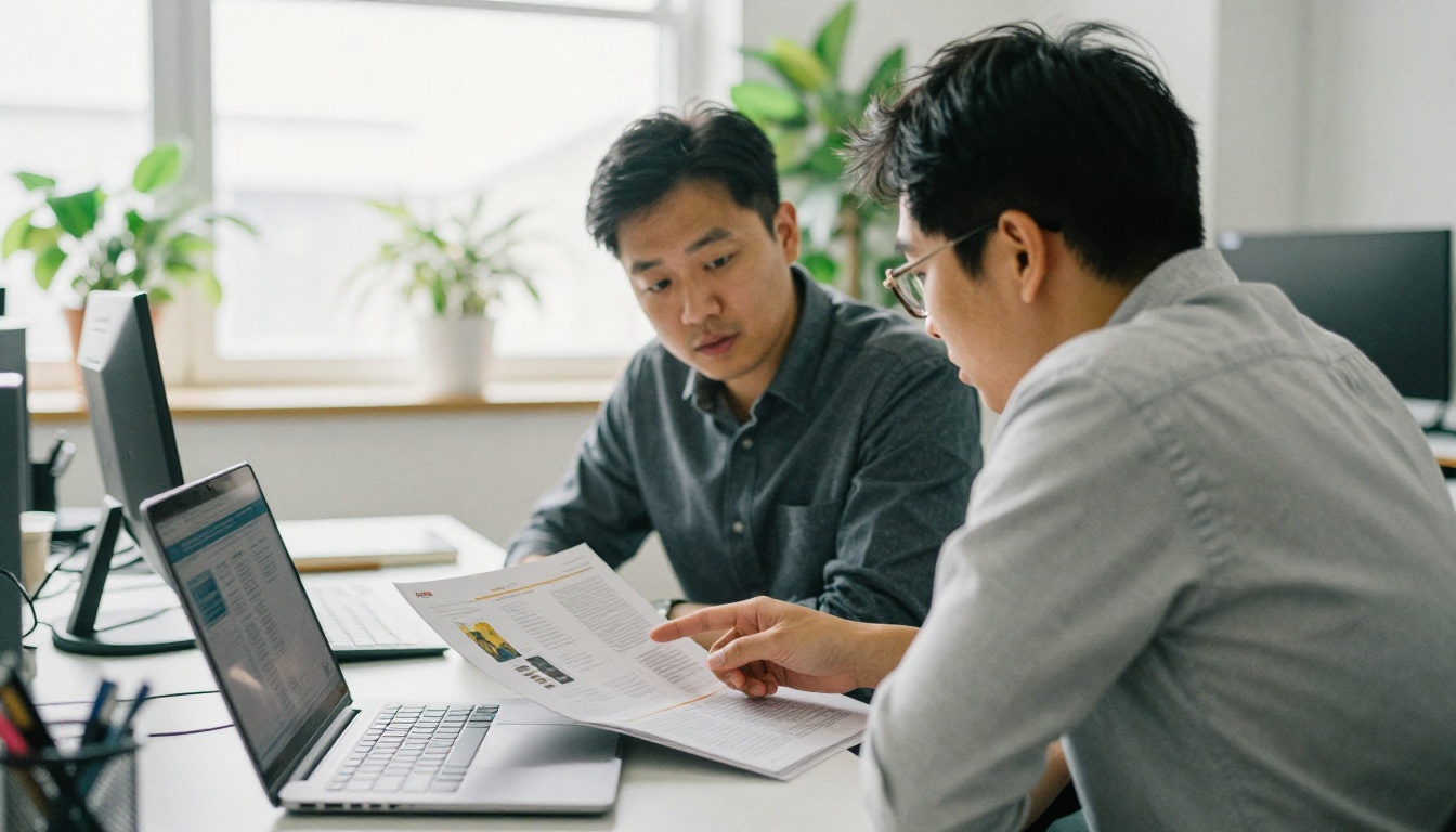 Two colleagues collaborating on a shared brochure document at an office table