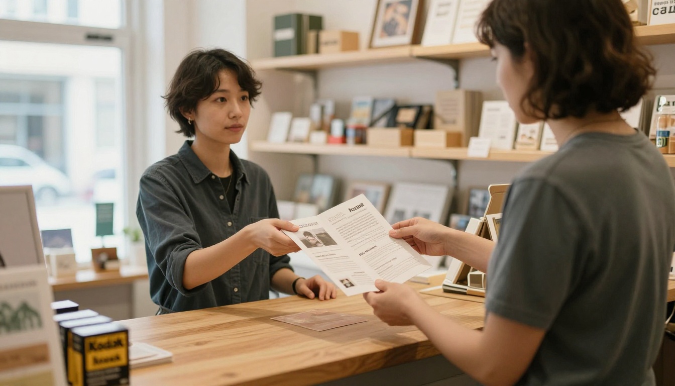 A small business owner handing a printed trifold brochure to a customer across a counter A small business owner handing a printed trifold brochure to a customer across a counter