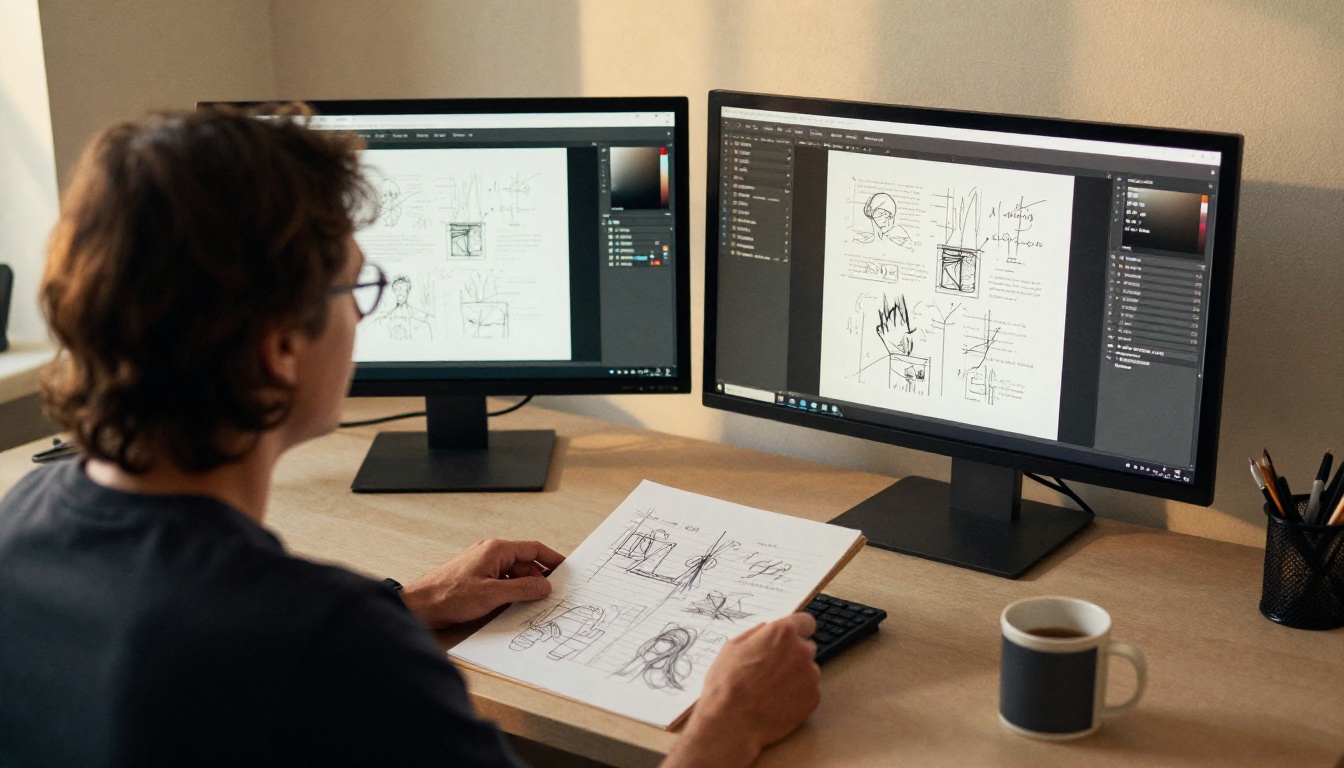 A designer comparing portfolio pages on two monitors