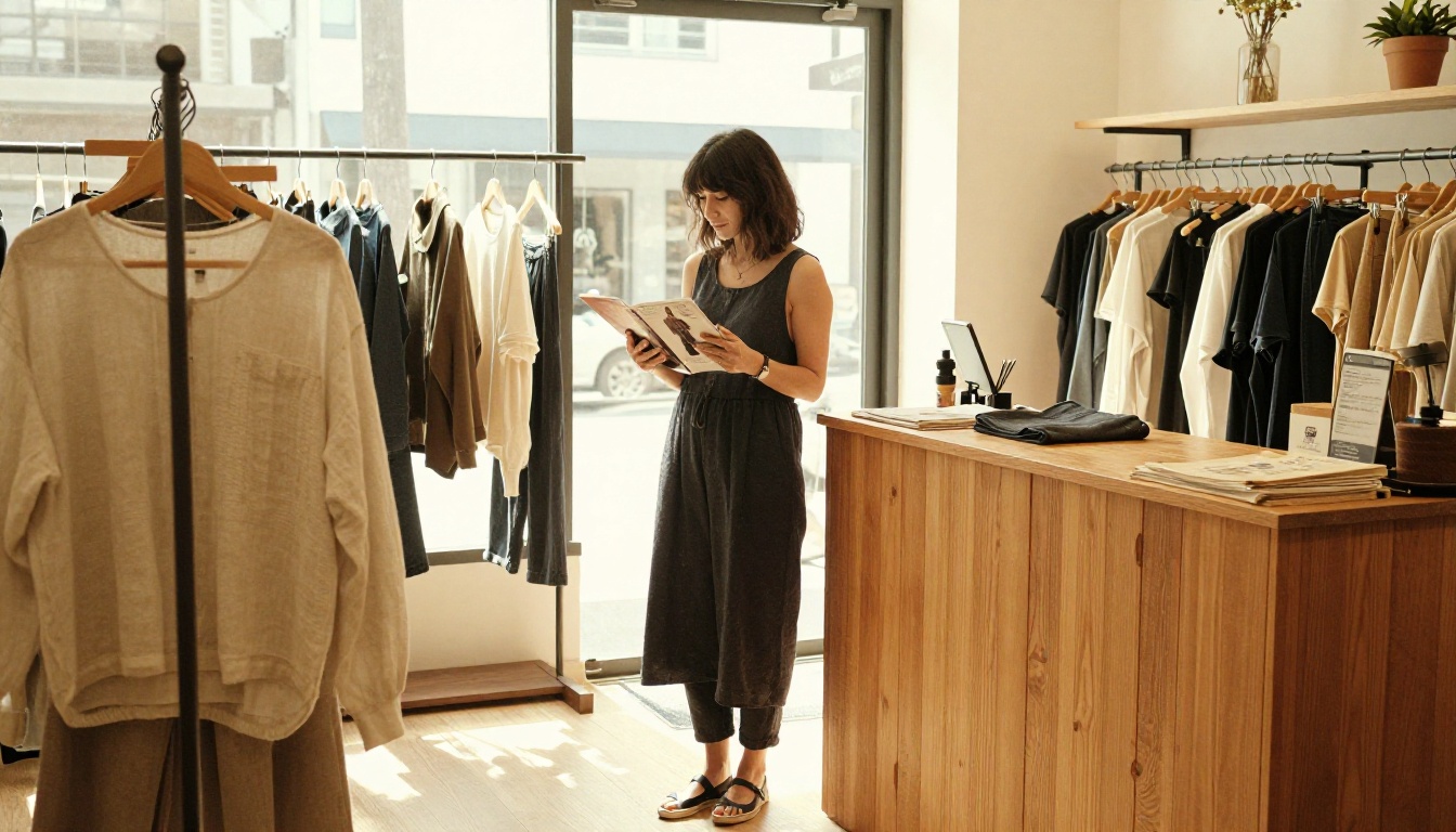Small shop owner reviewing a fashion lookbook magazine on a tablet in her boutique Small shop owner reviewing a fashion lookbook magazine on a tablet in her boutique