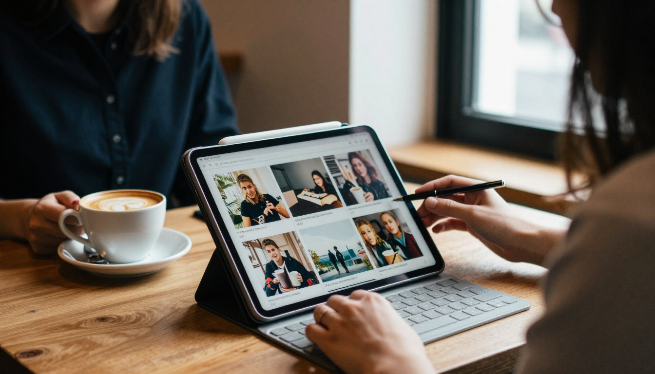 A woman arranging photos on a three-panel brochure on an iPad at a café table A woman arranging photos on a three-panel brochure on an iPad at a café table