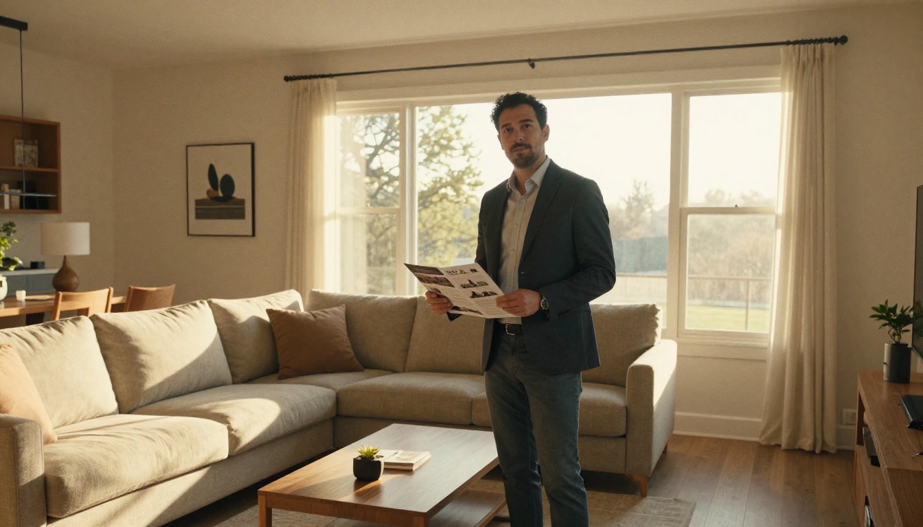 A real estate agent holding a trifold property brochure in a living room