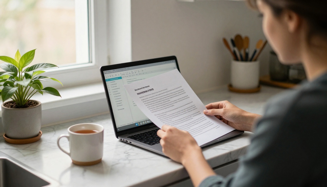 A small business owner reading a proposal on a laptop at home