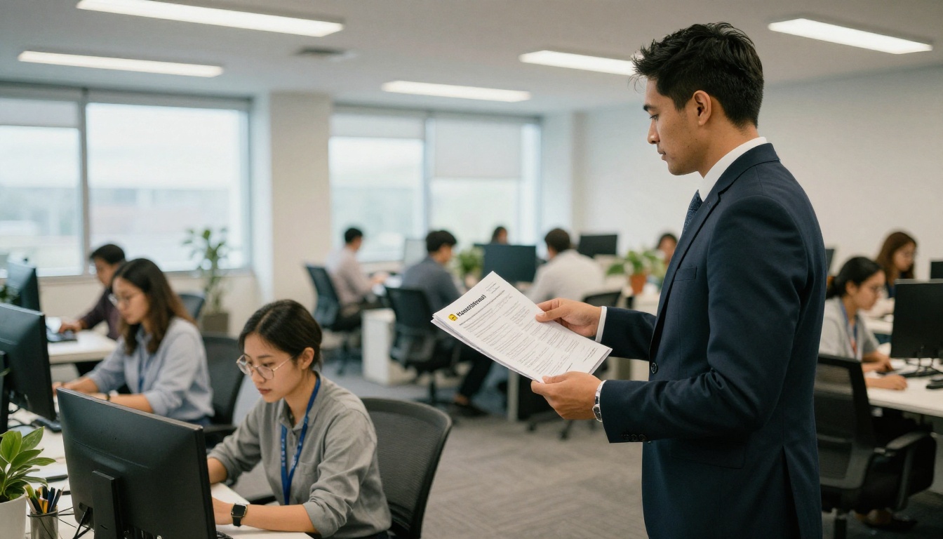 An HR manager handing a training manual to a new employee