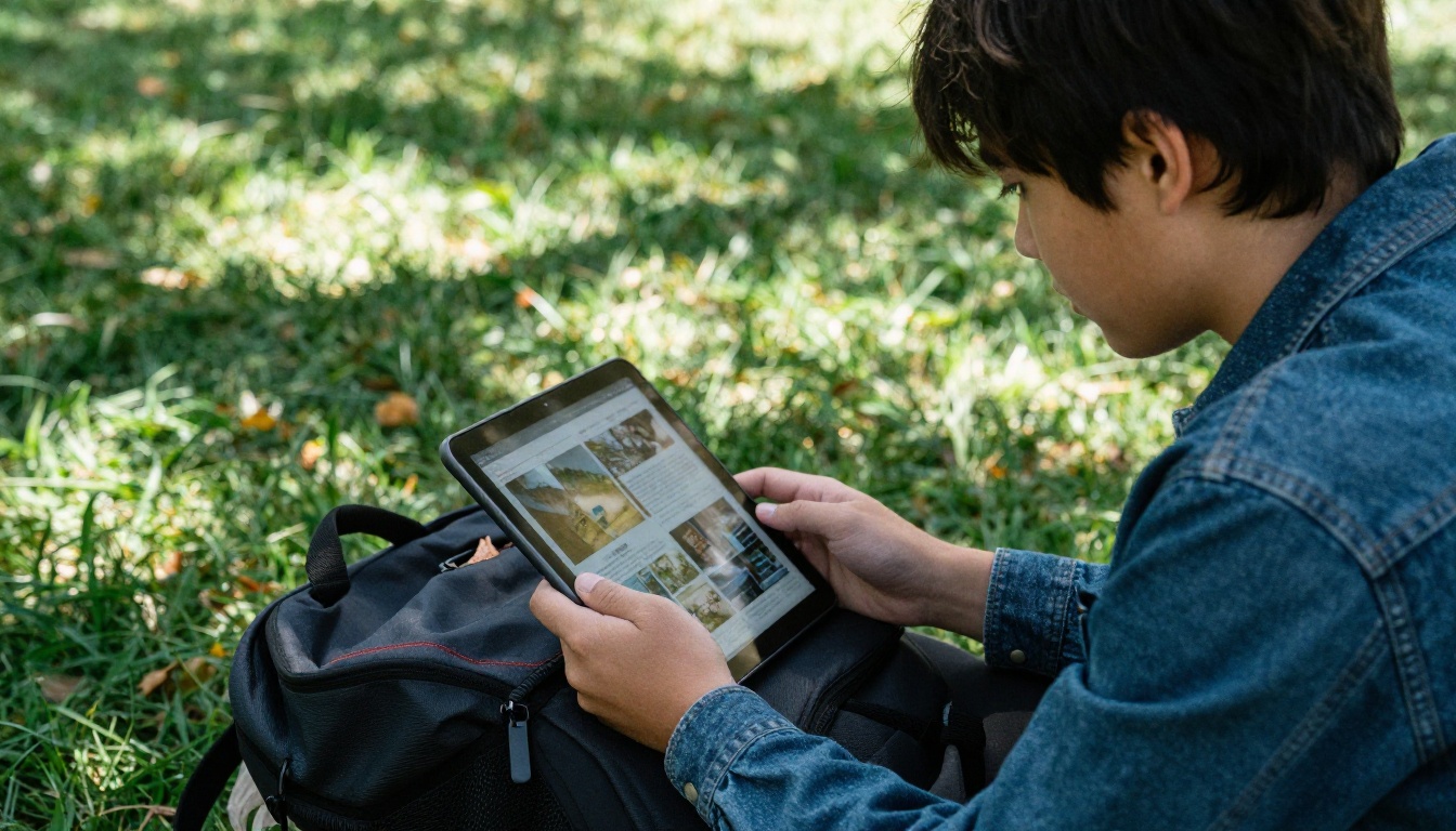 Student reading a digital magazine on a tablet on a sunny campus lawn Student reading a digital magazine on a tablet on a sunny campus lawn
