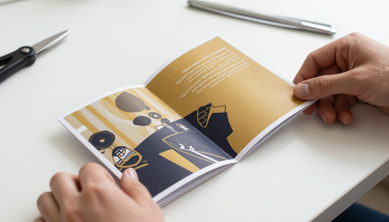 Hands folding a printed navy and gold trifold brochure on a white desk Hands folding a printed navy and gold trifold brochure on a white desk