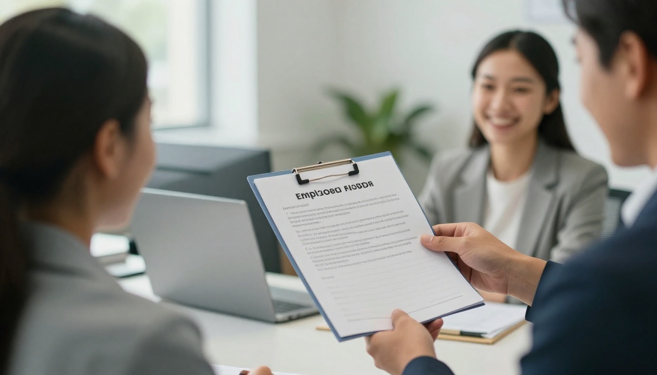 Manager handing a printed handbook to a new employee Manager handing a printed handbook to a new employee