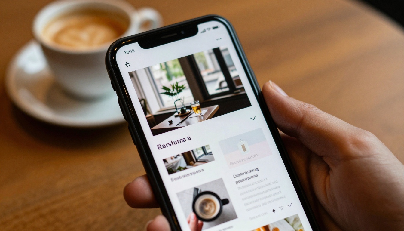 A smartphone showing a digital publication in a cafe