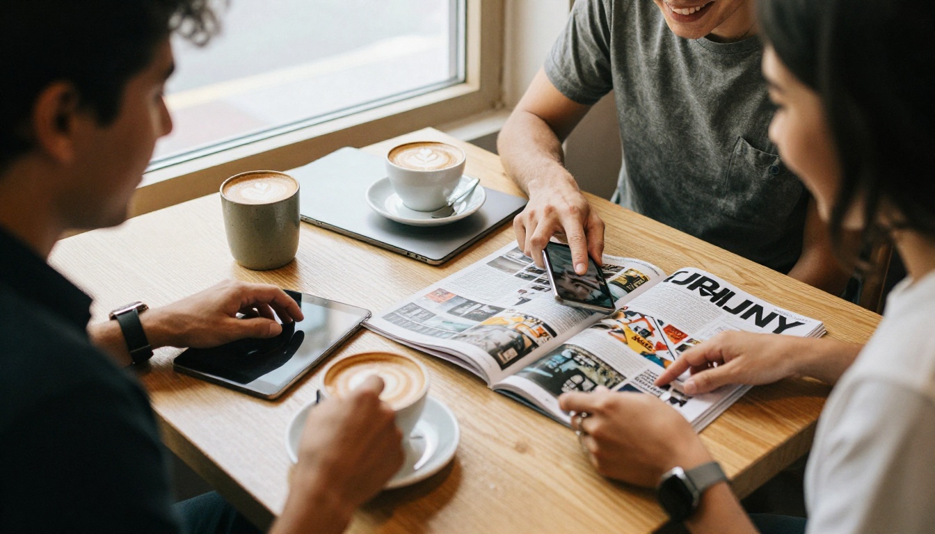 Two coworkers comparing magazine layouts on a phone and tablet at a cafe table Two coworkers comparing magazine layouts on a phone and tablet at a cafe table