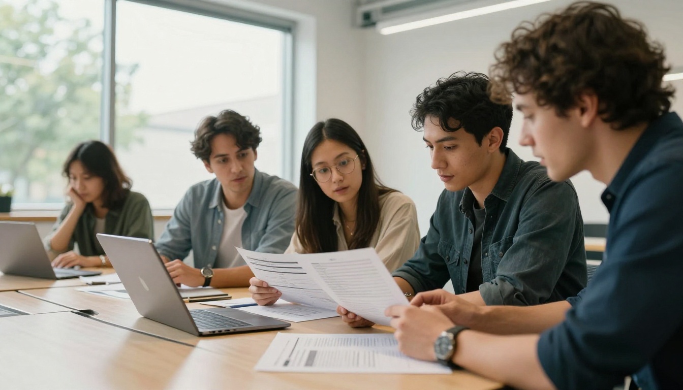 A team of three reviewing an iPad and printed brochure proofs in a coworking space A team of three reviewing an iPad and printed brochure proofs in a coworking space