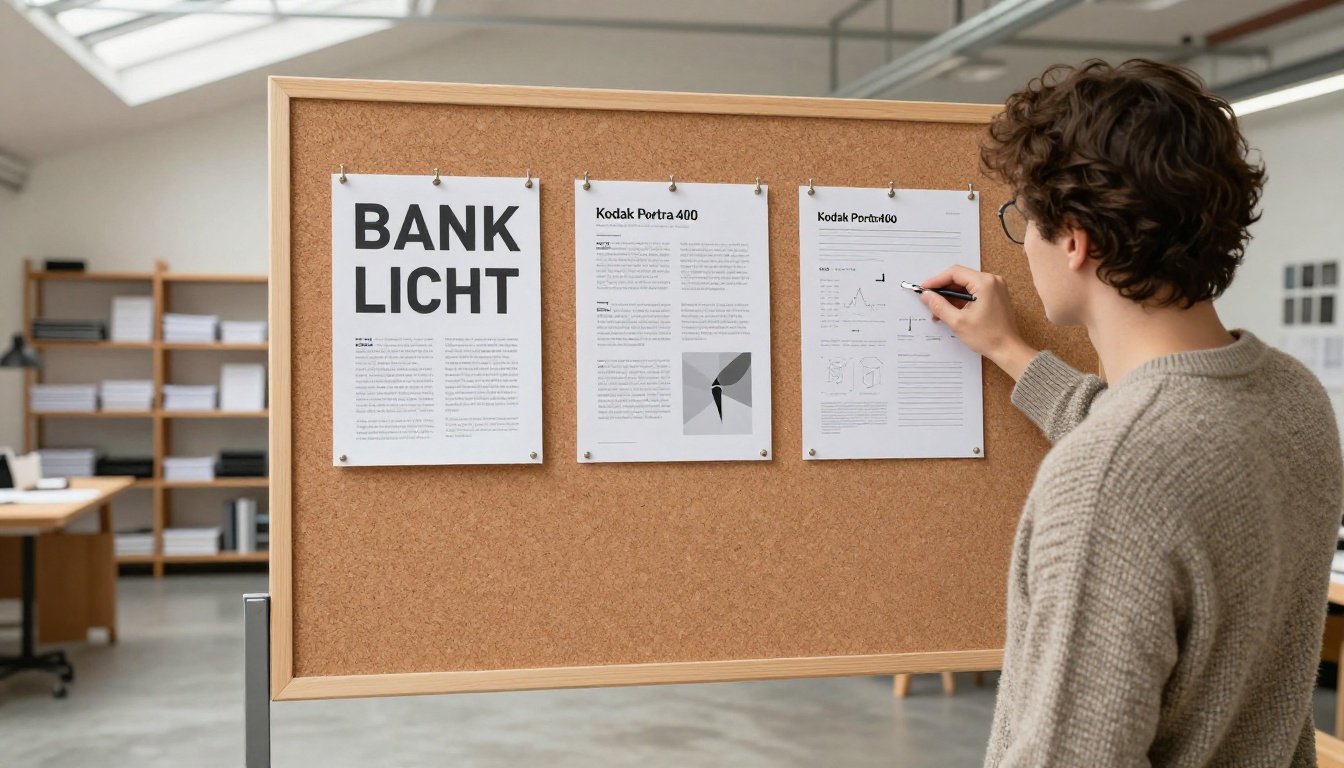 Designer comparing three printed brochure proofs on a corkboard