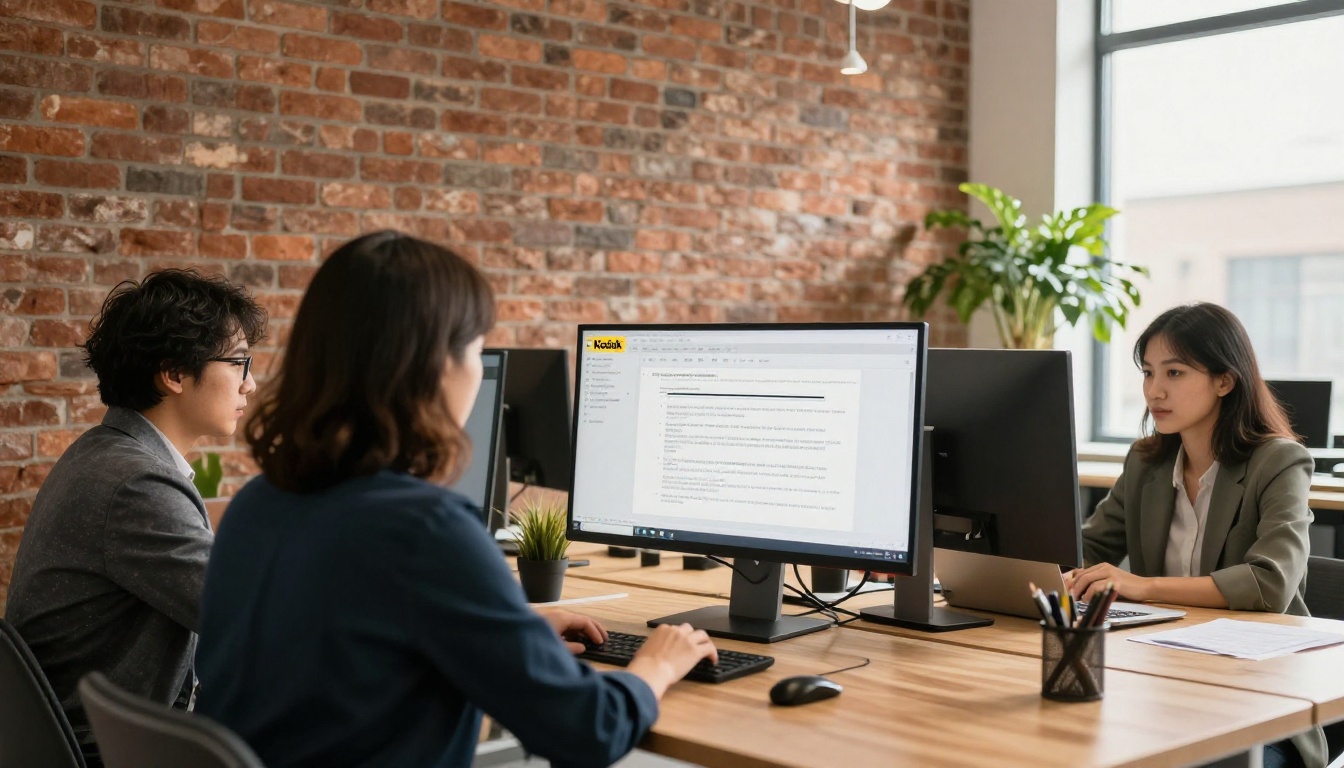Two colleagues reviewing a proposal on a large monitor