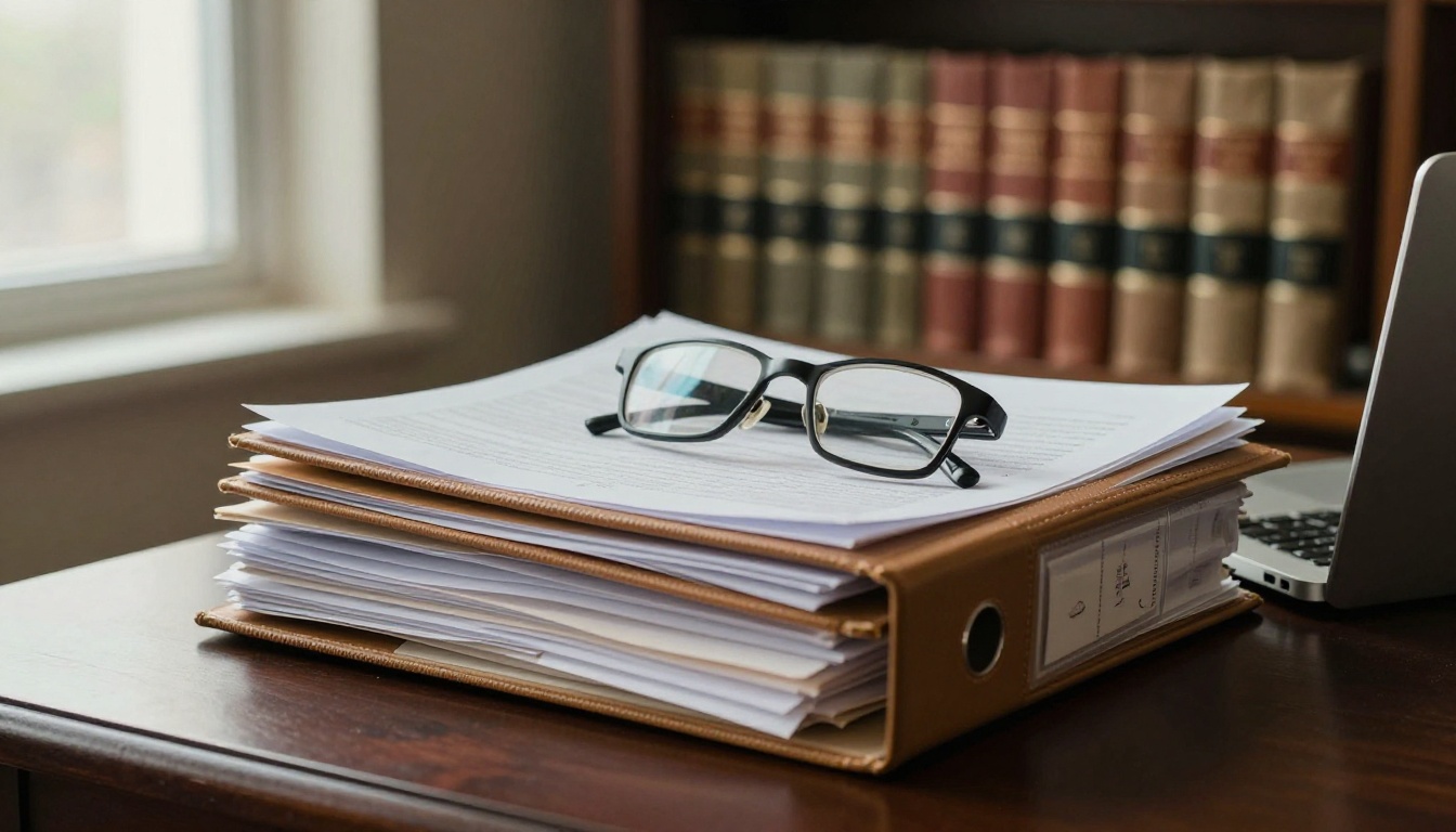 Compliance reviewer at a desk with binders and a laptop Compliance reviewer at a desk with binders and a laptop