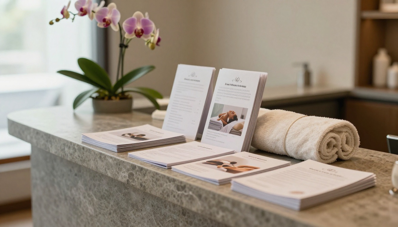 A spa reception counter with folded wellness brochures