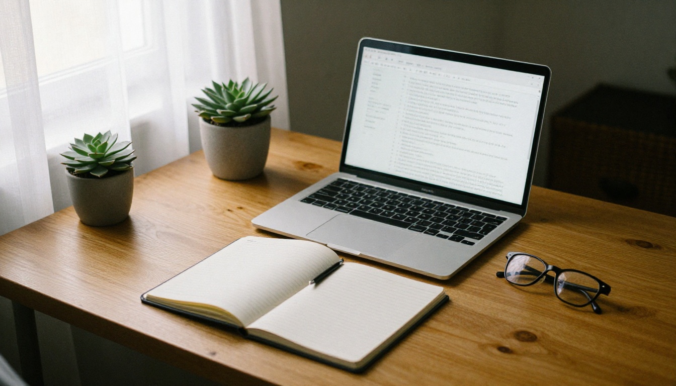 An organized home office desk with laptop and notebook