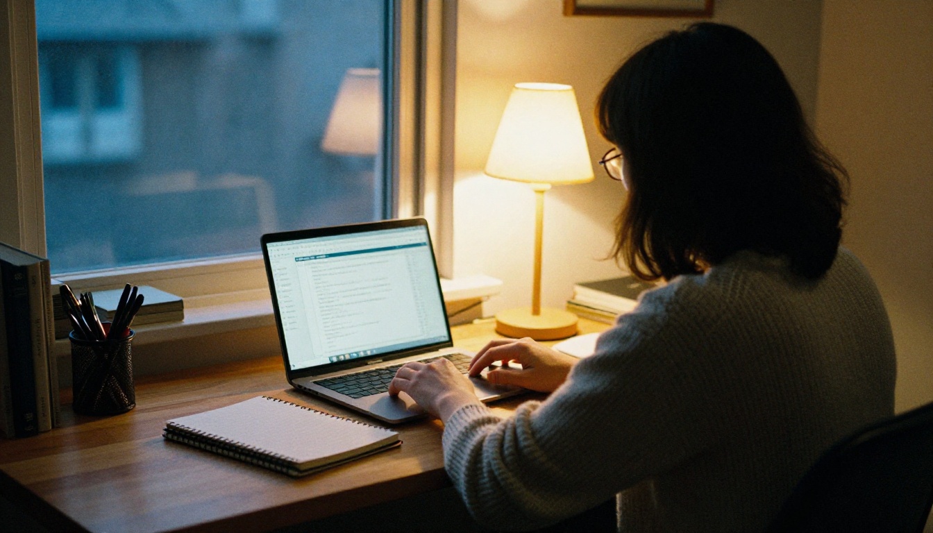A freelance copywriter at a home office desk at dusk