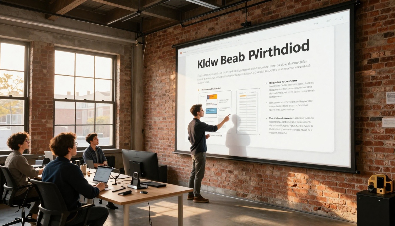 Founder presenting an interactive handbook to a small team Founder presenting an interactive handbook to a small team