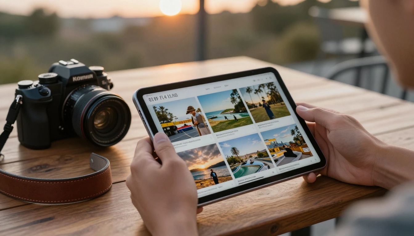 Photographer holding a tablet with a photo magazine spread beside a camera on a terrace table Photographer holding a tablet with a photo magazine spread beside a camera on a terrace table